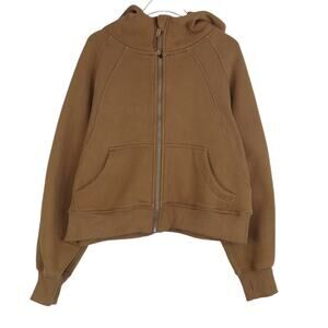 Trendy Queen Tan Brown Cropped Full Zip Scuba Sweatshirt With Hood Medium Fleece